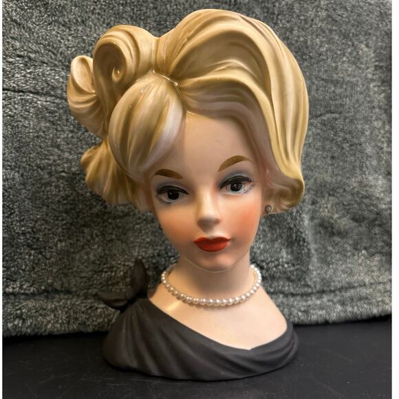 Large Lady Head Vase Napcoware w Pearls Planter Blk Dress c1950 - Picture 1 of 12